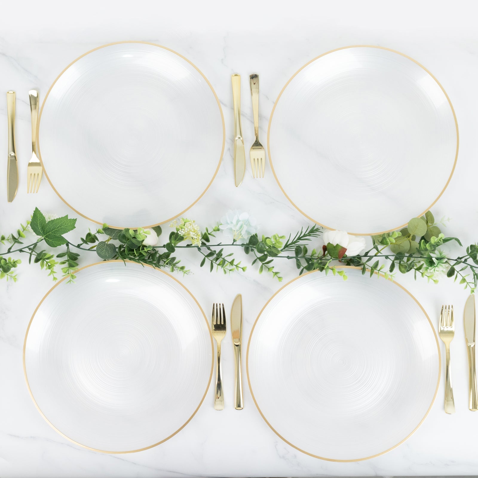 20 Pack 13" Economy Plastic Charger Plates – Transparent Pearl White Swirl Design with Gold Rim, Stylish Table Chargers