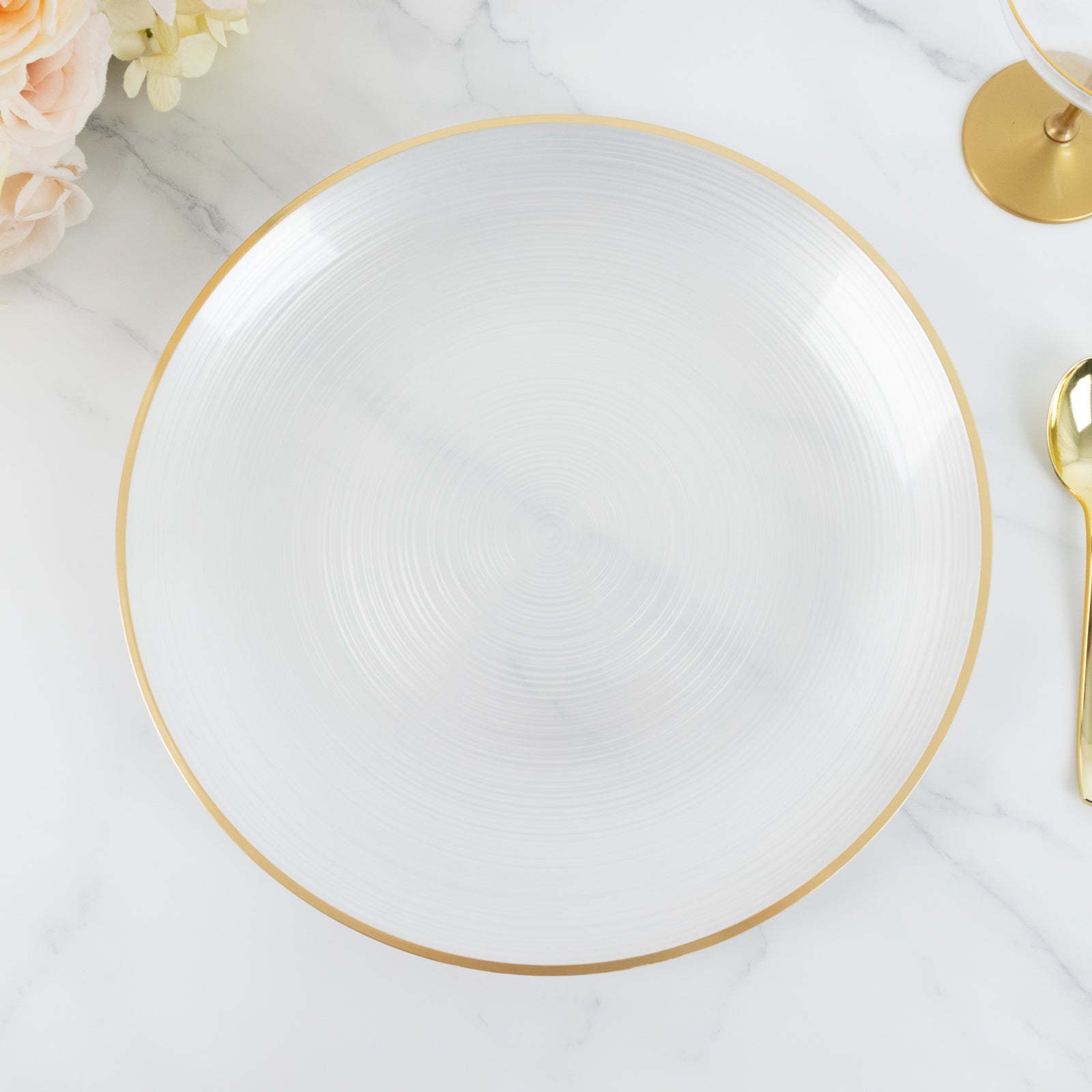 20 Pack 13" Economy Plastic Charger Plates – Transparent Pearl White Swirl Design with Gold Rim, Stylish Table Chargers