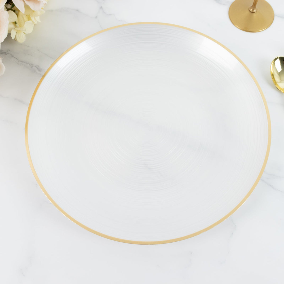20 Pack 13" Economy Plastic Charger Plates – Transparent Pearl White Swirl Design with Gold Rim, Stylish Table Chargers