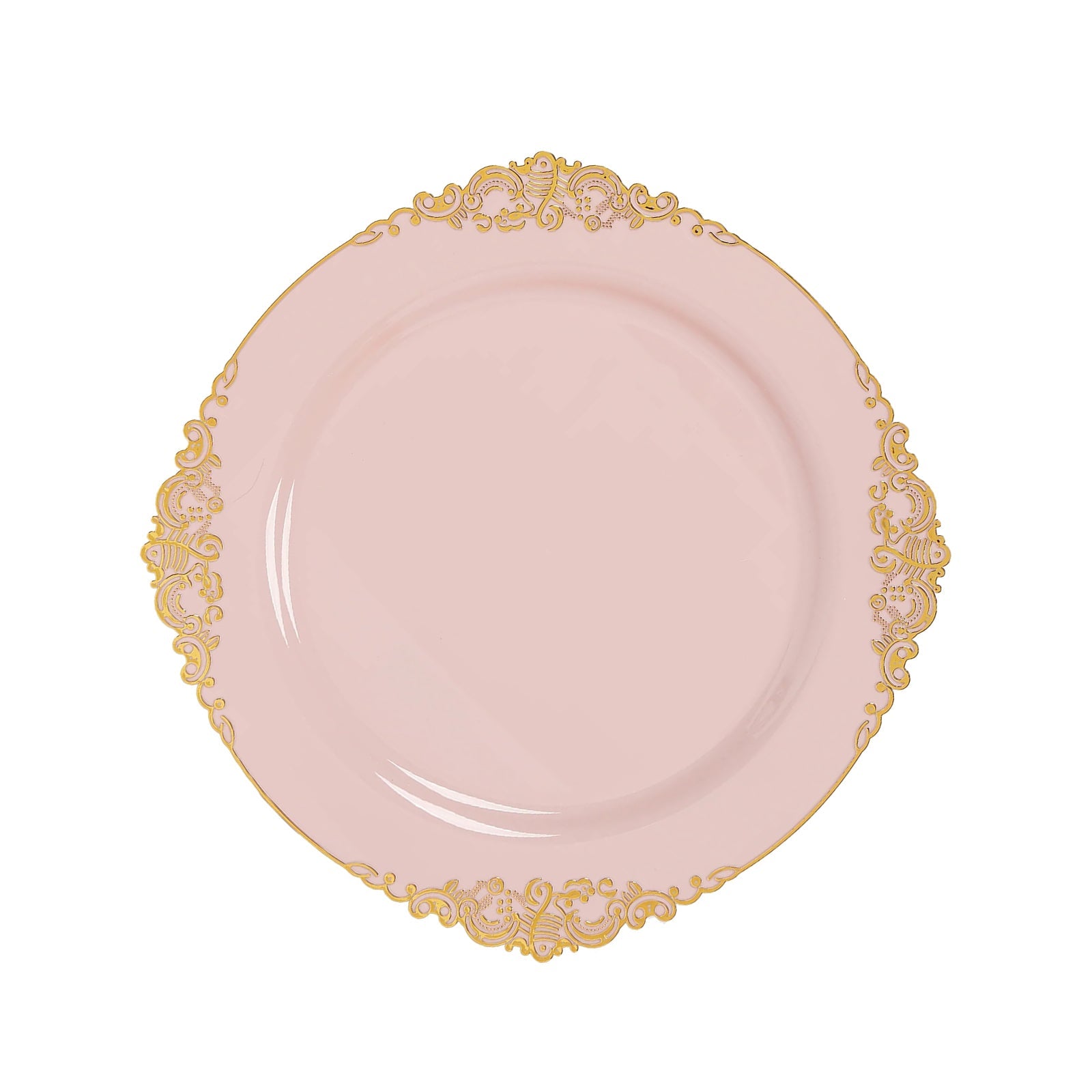 20-Pack Economy Plastic Round Charger Plates 13" in Blush with Gold Embossed Baroque Rim, Stylish Dinner Party Serving Plates