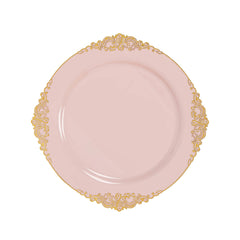 20-Pack Economy Plastic Round Charger Plates 13" in Blush with Gold Embossed Baroque Rim, Stylish Dinner Party Serving Plates