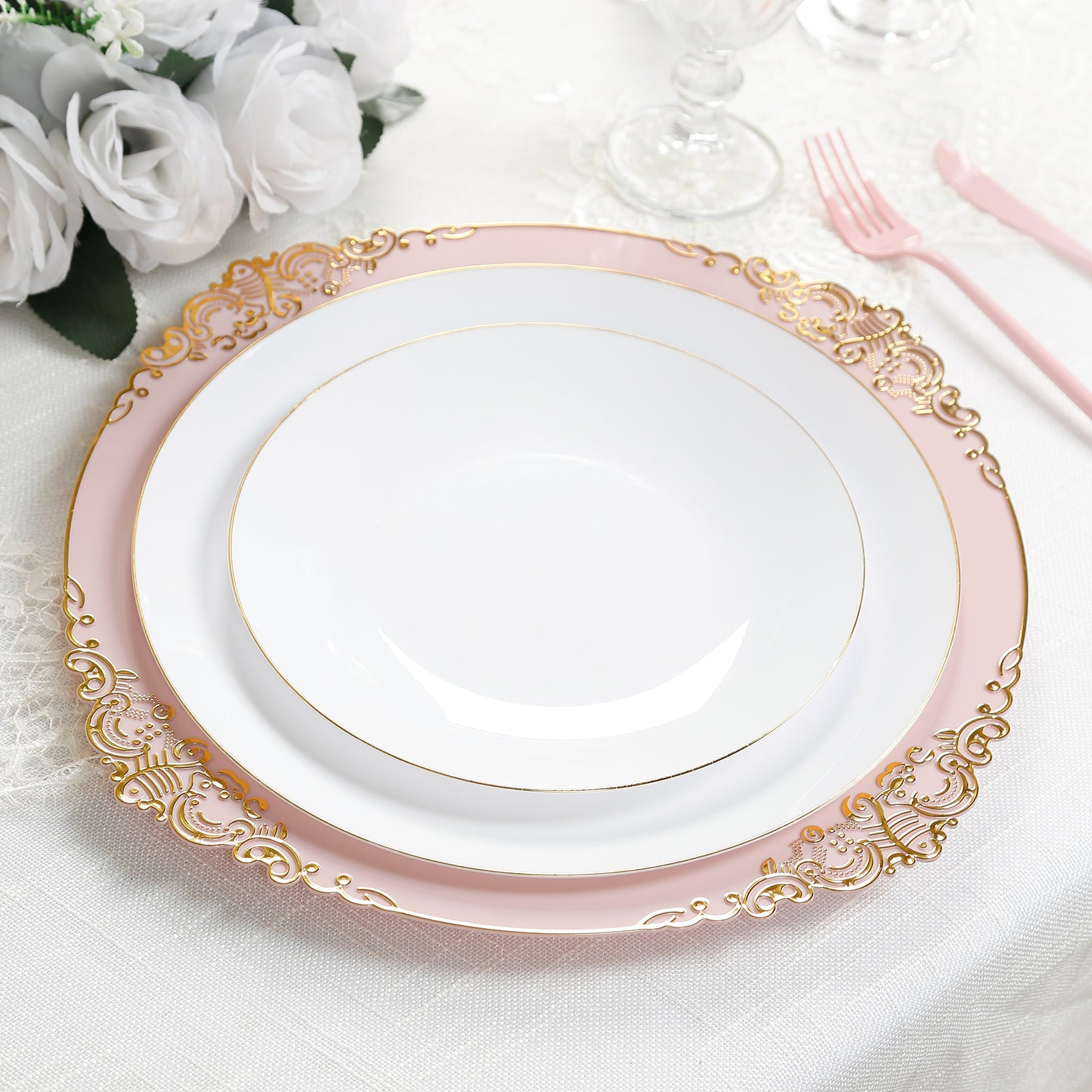 20-Pack Economy Plastic Round Charger Plates 13" in Blush with Gold Embossed Baroque Rim, Stylish Dinner Party Serving Plates