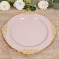 20-Pack Economy Plastic Round Charger Plates 13" in Blush with Gold Embossed Baroque Rim, Stylish Dinner Party Serving Plates