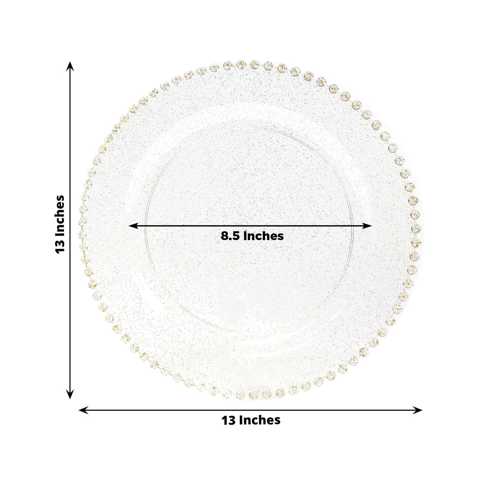 10-Pack Economy Round Plastic Charger Plates 13" in Clear/Gold Glitter with Beaded Rim, Stylish Dinner Party Serving Plates