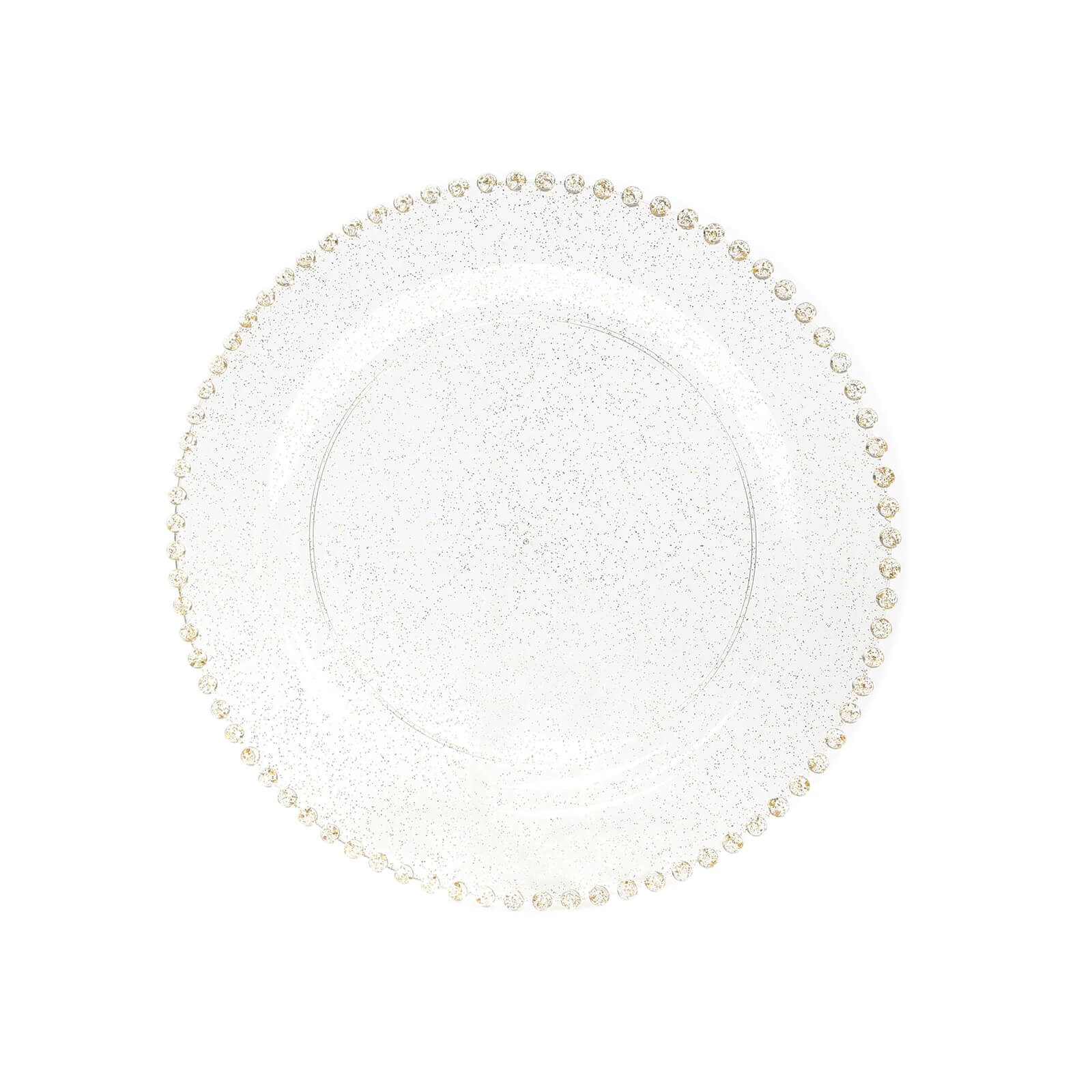 10-Pack Economy Round Plastic Charger Plates 13" in Clear/Gold Glitter with Beaded Rim, Stylish Dinner Party Serving Plates