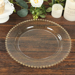 10-Pack Economy Round Plastic Charger Plates 13" in Clear/Gold Glitter with Beaded Rim, Stylish Dinner Party Serving Plates