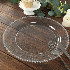 10-Pack Economy Round Plastic Charger Plates 13" in Clear/Silver Glitter with Beaded Rim, Stylish Dinner Party Serving Plates