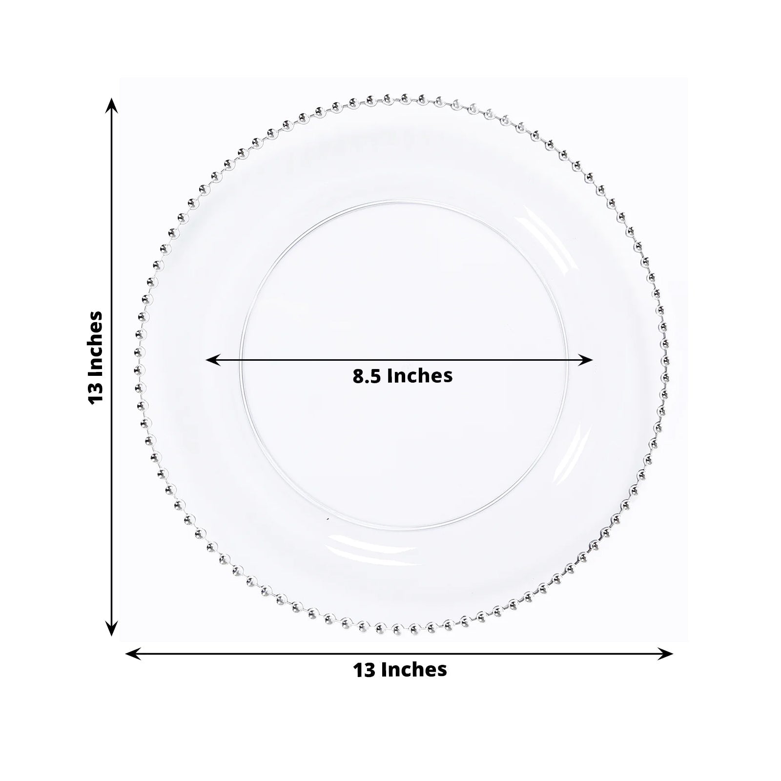 10-Pack Economy Round Plastic Charger Plates 13" in Clear with Silver Beaded Rim, Stylish Dinner Party Serving Plates