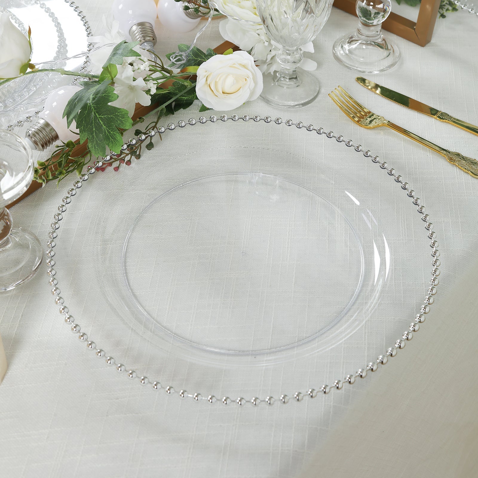 10-Pack Economy Round Plastic Charger Plates 13" in Clear with Silver Beaded Rim, Stylish Dinner Party Serving Plates