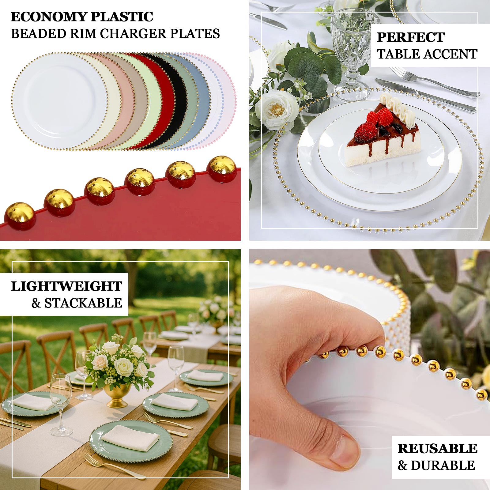 10-Pack Economy Round Plastic Charger Plates 13" in Clear with Silver Beaded Rim, Stylish Dinner Party Serving Plates