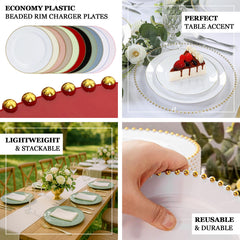 10-Pack Economy Round Plastic Charger Plates 13" in Clear with Silver Beaded Rim, Stylish Dinner Party Serving Plates