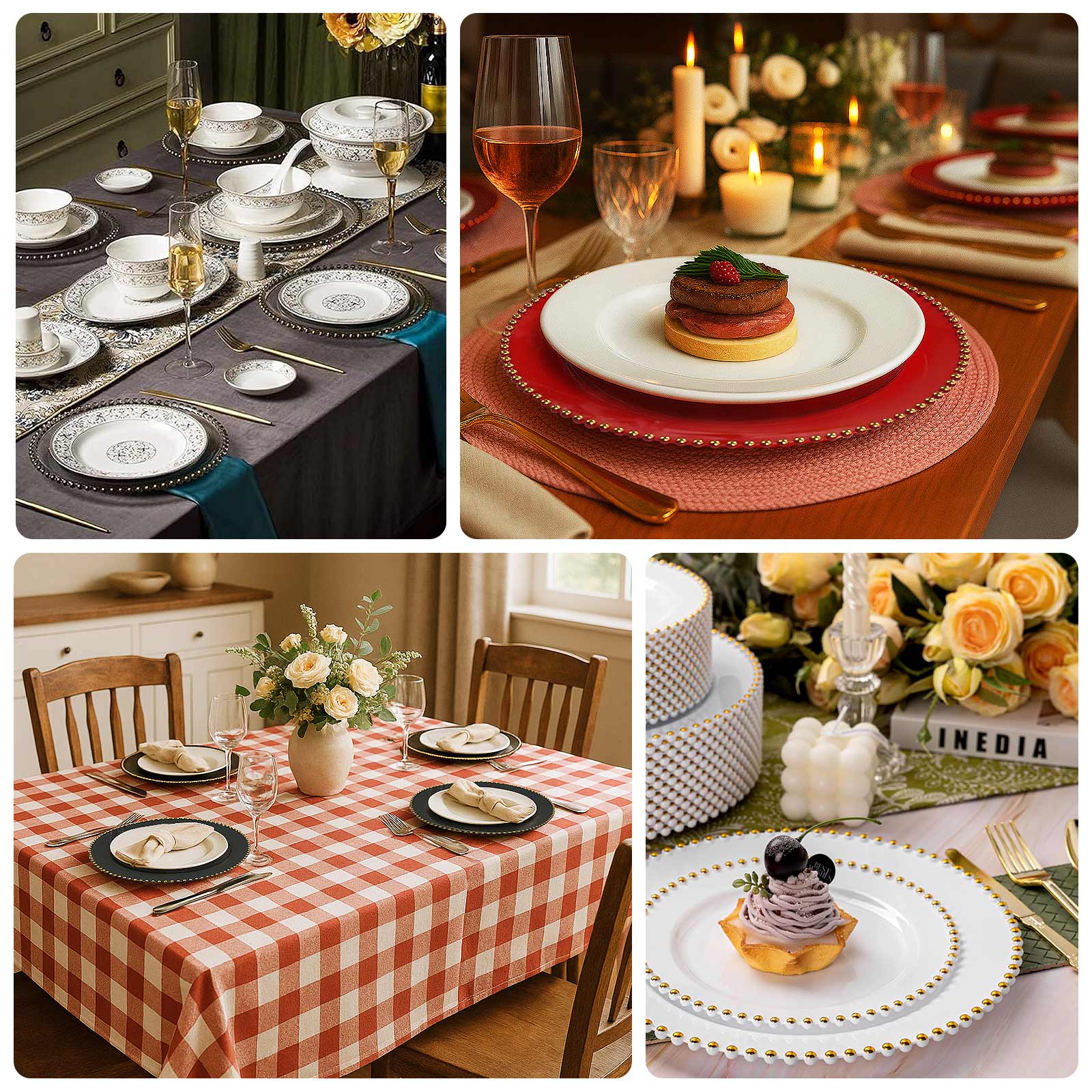 10-Pack Economy Round Plastic Charger Plates 13" in Clear Beaded Rim, Stylish Dinner Party Serving Plates