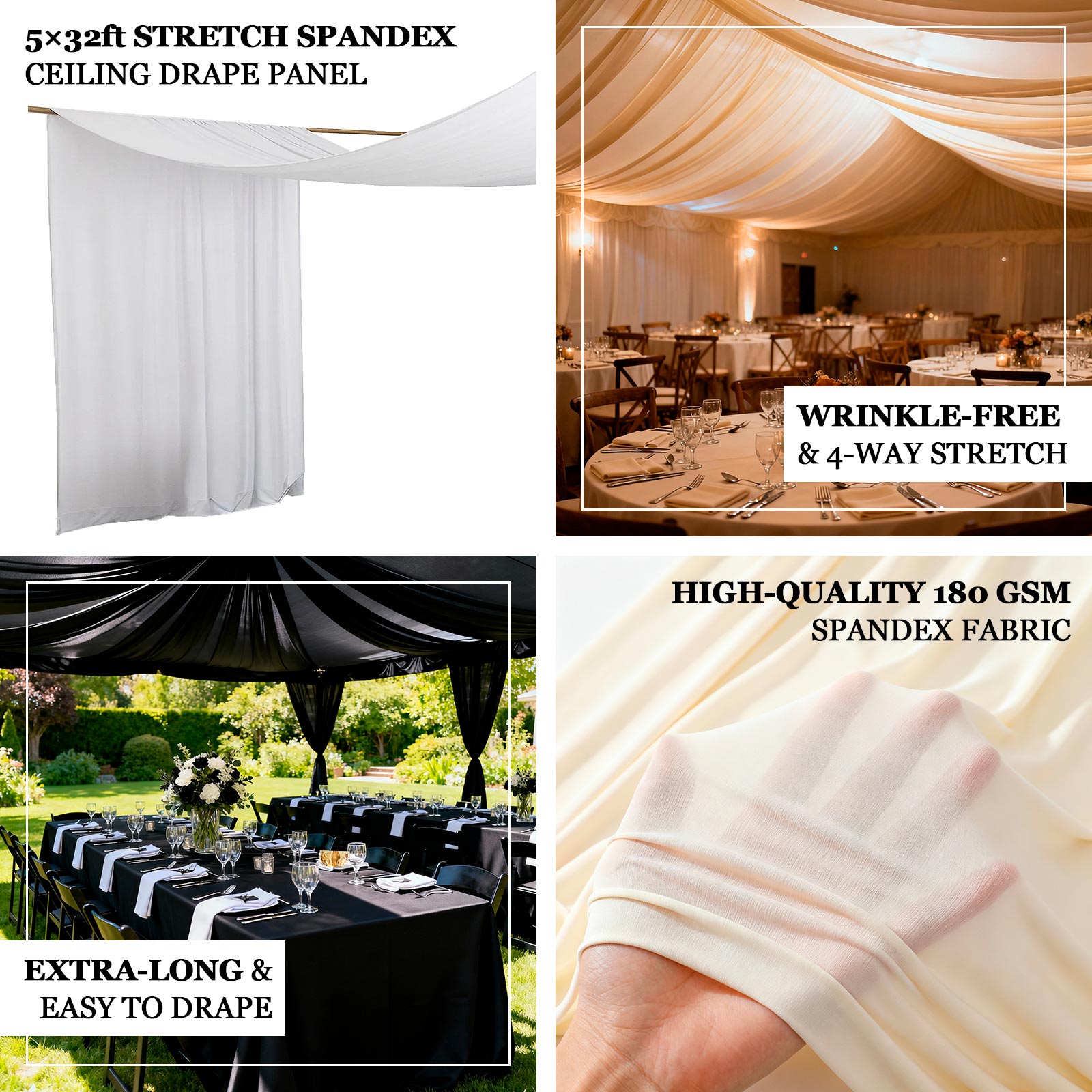 Ivory Spandex Ceiling Drape Panel, 5ft x 32ft — Wrinkle-Free 4-Way Stretch Fabric, Extra-Long Curtain for Event Ceiling or Backdrop Décor