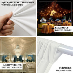 Ivory Stretch Spandex Tent Ceiling Drape – 25ft x 36ft 180GSM Wrinkle-Free Fabric Ceiling Liner with Pole Pockets, Premium