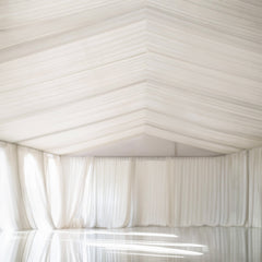 Ivory Stretch Spandex Tent Ceiling Drape – 25ft x 36ft 180GSM Wrinkle-Free Fabric Ceiling Liner with Pole Pockets, Premium