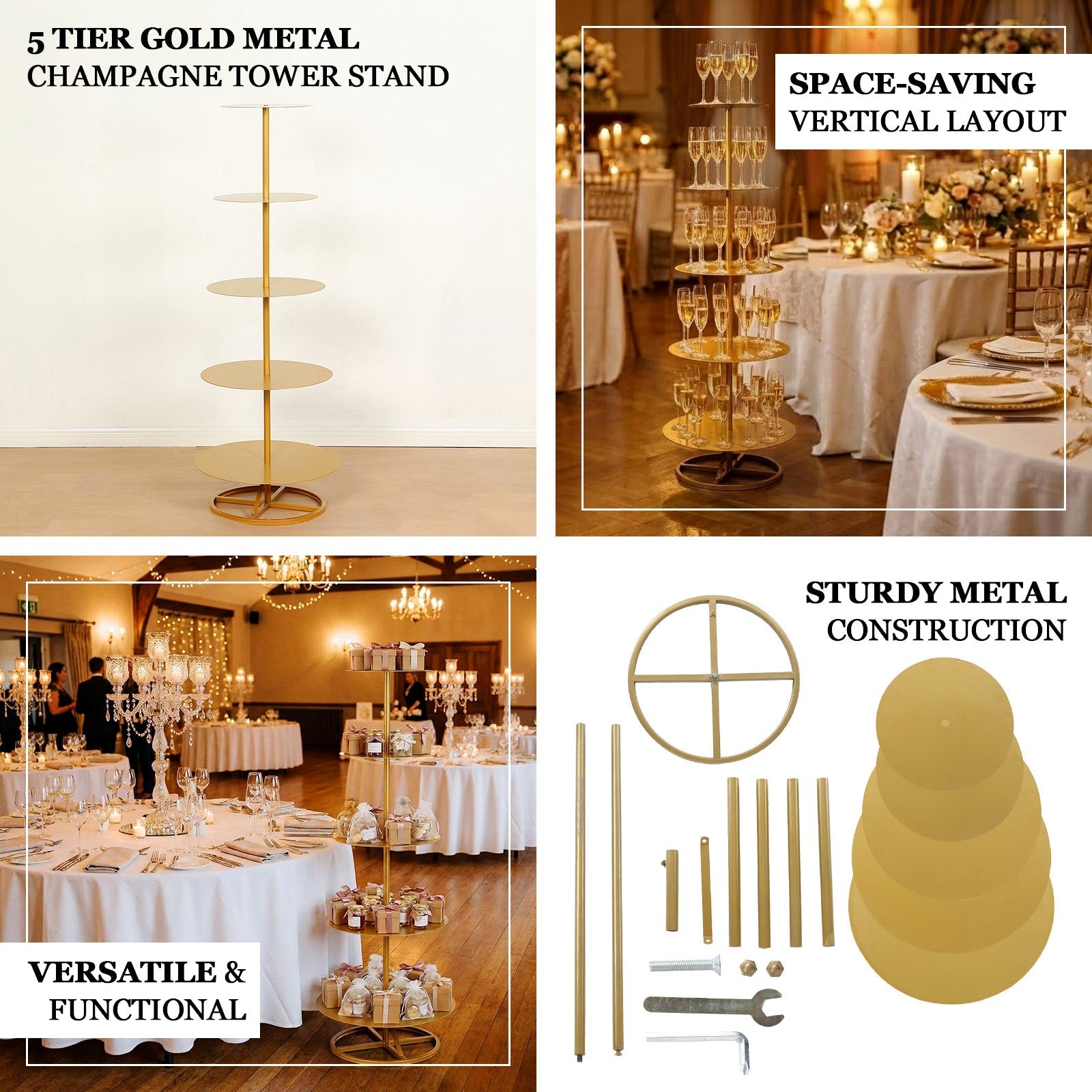 5 Tier Champagne Tower Stand Gold Metal Round Dessert Display Cupcake Holder - Sturdy Event Centerpiece 4.5ft Tall