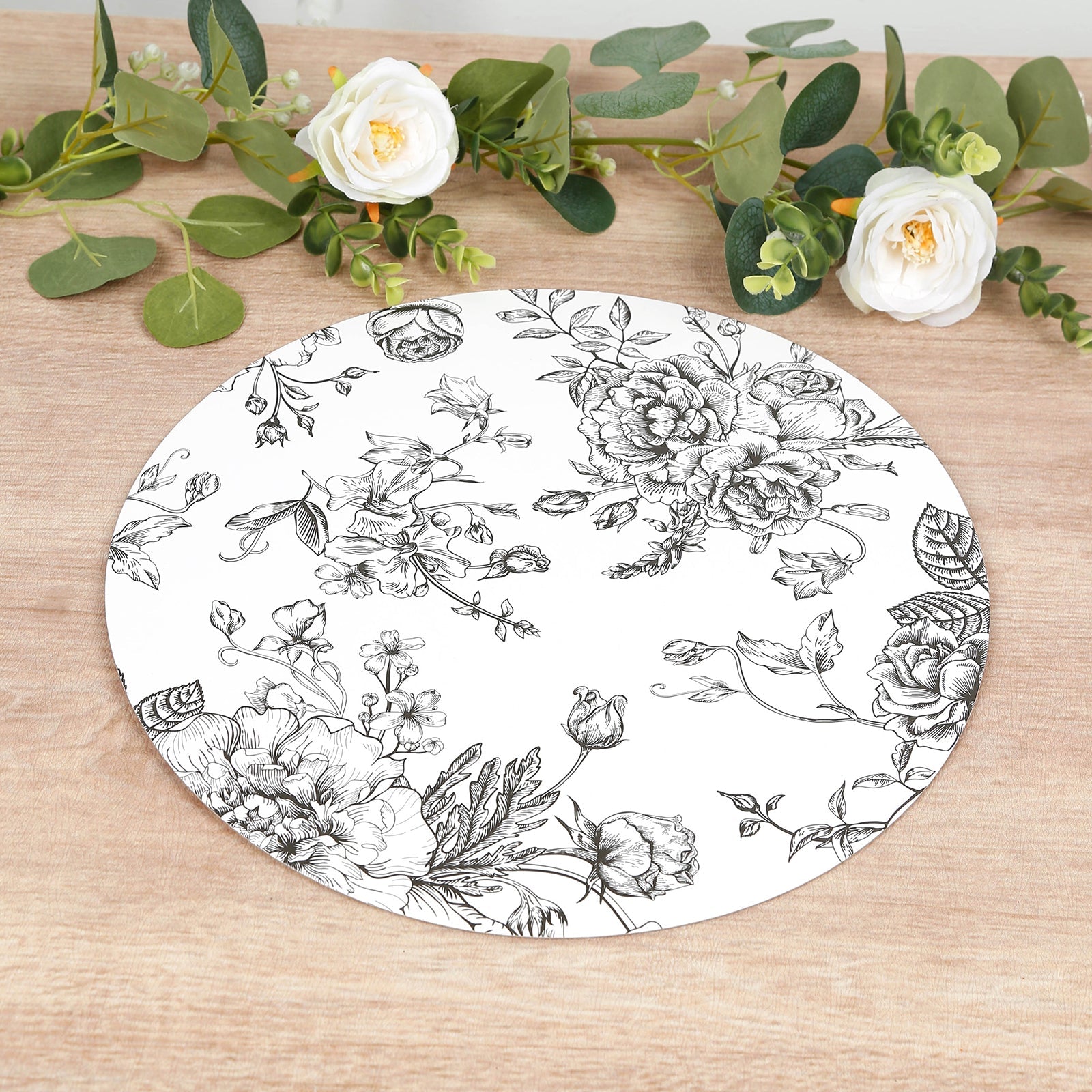 10-Pack Disposable Table Placemats in French Toile Print 13" in Matte White/Black - Chic Floral Cardboard Placemats for Stylish Table Setting