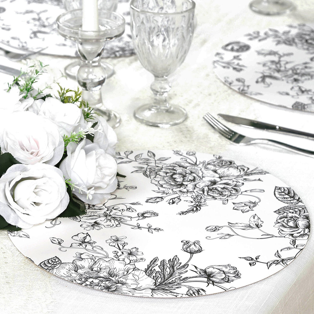 10-Pack Disposable Table Placemats in French Toile Print 13" in Matte White/Black - Chic Floral Cardboard Placemats for Stylish Table Setting