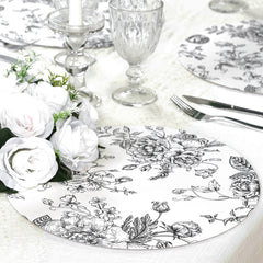 10-Pack Disposable Table Placemats in French Toile Print 13" in Matte White/Black - Chic Floral Cardboard Placemats for Stylish Table Setting