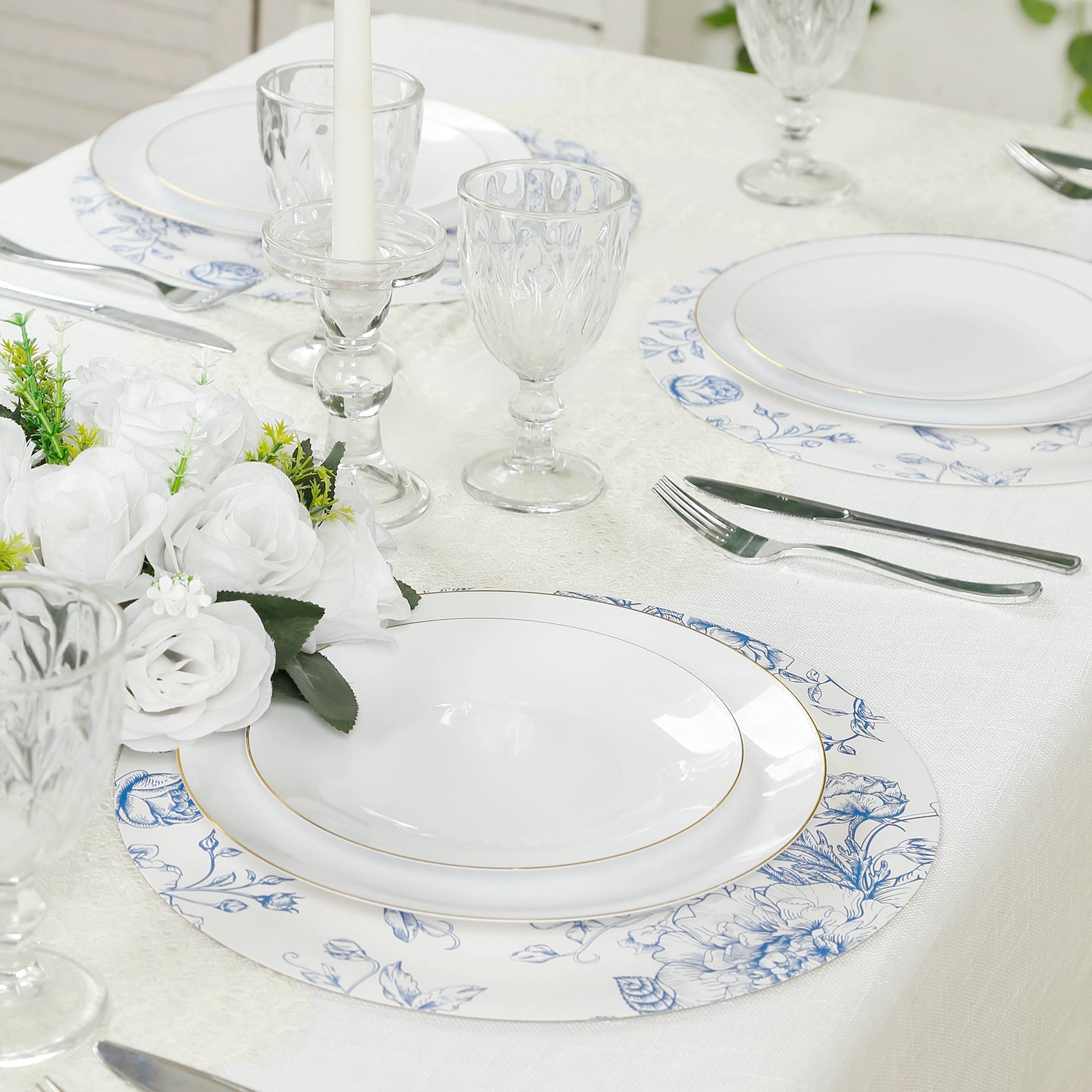 10-Pack Disposable Table Placemats in French Toile Print 13" in Matte White/Blue - Chic Floral Cardboard Placemats for Stylish Table Setting