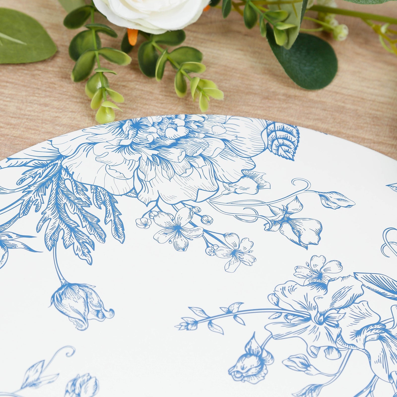 10-Pack Disposable Table Placemats in French Toile Print 13" in Matte White/Blue - Chic Floral Cardboard Placemats for Stylish Table Setting