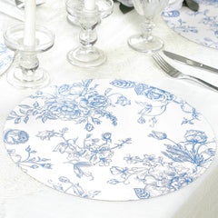 10-Pack Disposable Table Placemats in French Toile Print 13" in Matte White/Blue - Chic Floral Cardboard Placemats for Stylish Table Setting