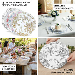 10-Pack Disposable Table Placemats in French Toile Print 13" in Matte White/Black - Chic Floral Cardboard Placemats for Stylish Table Setting