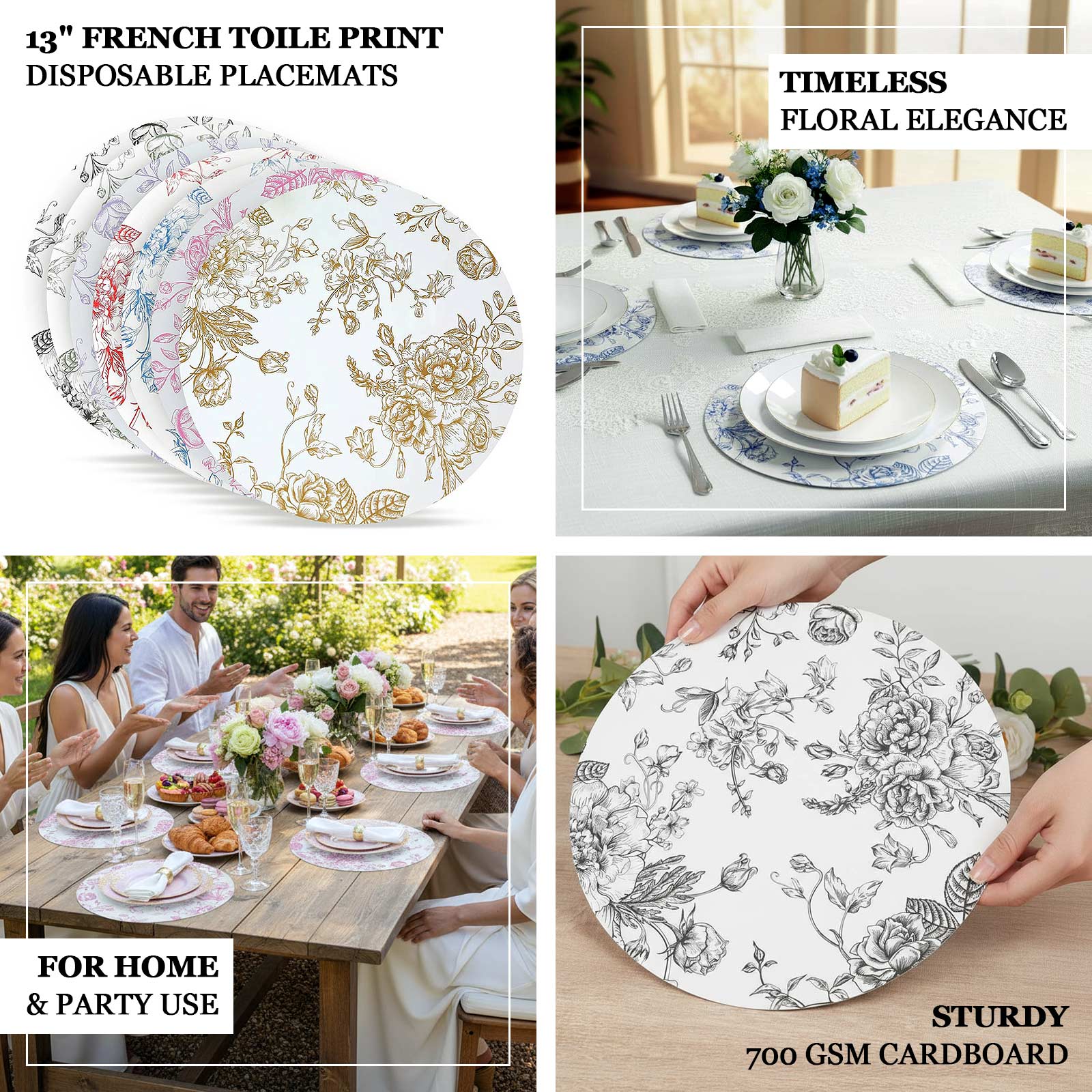 10-Pack Disposable Table Placemats in French Toile Print 13" in White/Matte Lavender - Chic Floral Cardboard Placemats for Stylish Table Setting