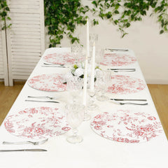 10-Pack Disposable Table Placemats in French Toile Print 13" in Matte White/Red - Chic Floral Cardboard Placemats for Stylish Table Setting