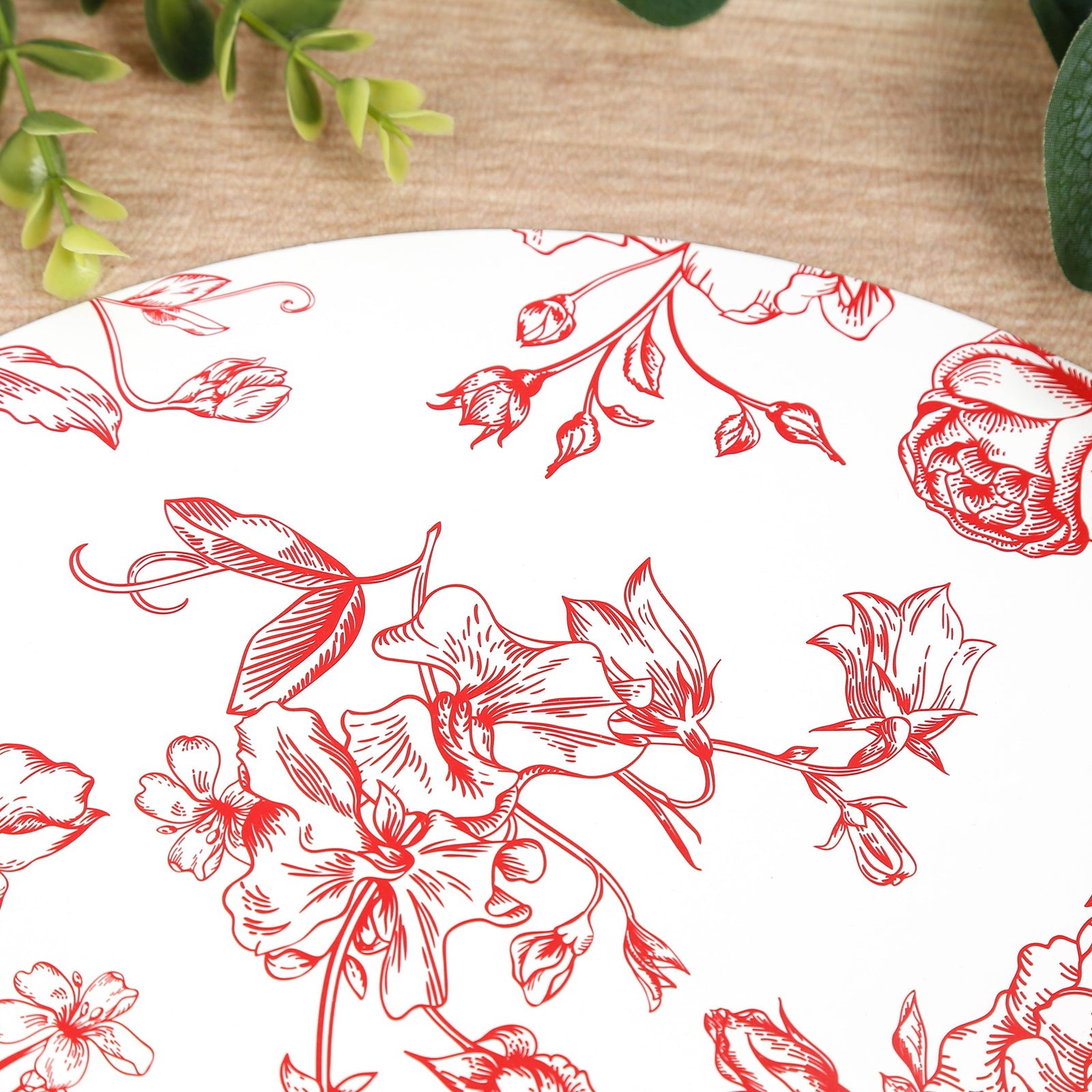 10-Pack Disposable Table Placemats in French Toile Print 13" in Matte White/Red - Chic Floral Cardboard Placemats for Stylish Table Setting