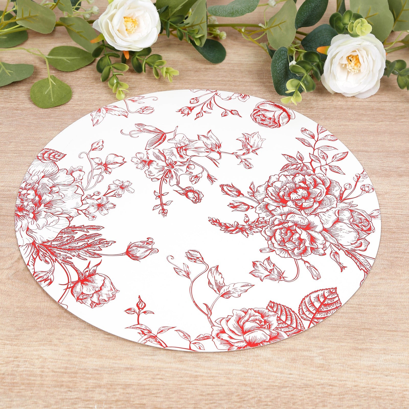 10-Pack Disposable Table Placemats in French Toile Print 13" in Matte White/Red - Chic Floral Cardboard Placemats for Stylish Table Setting