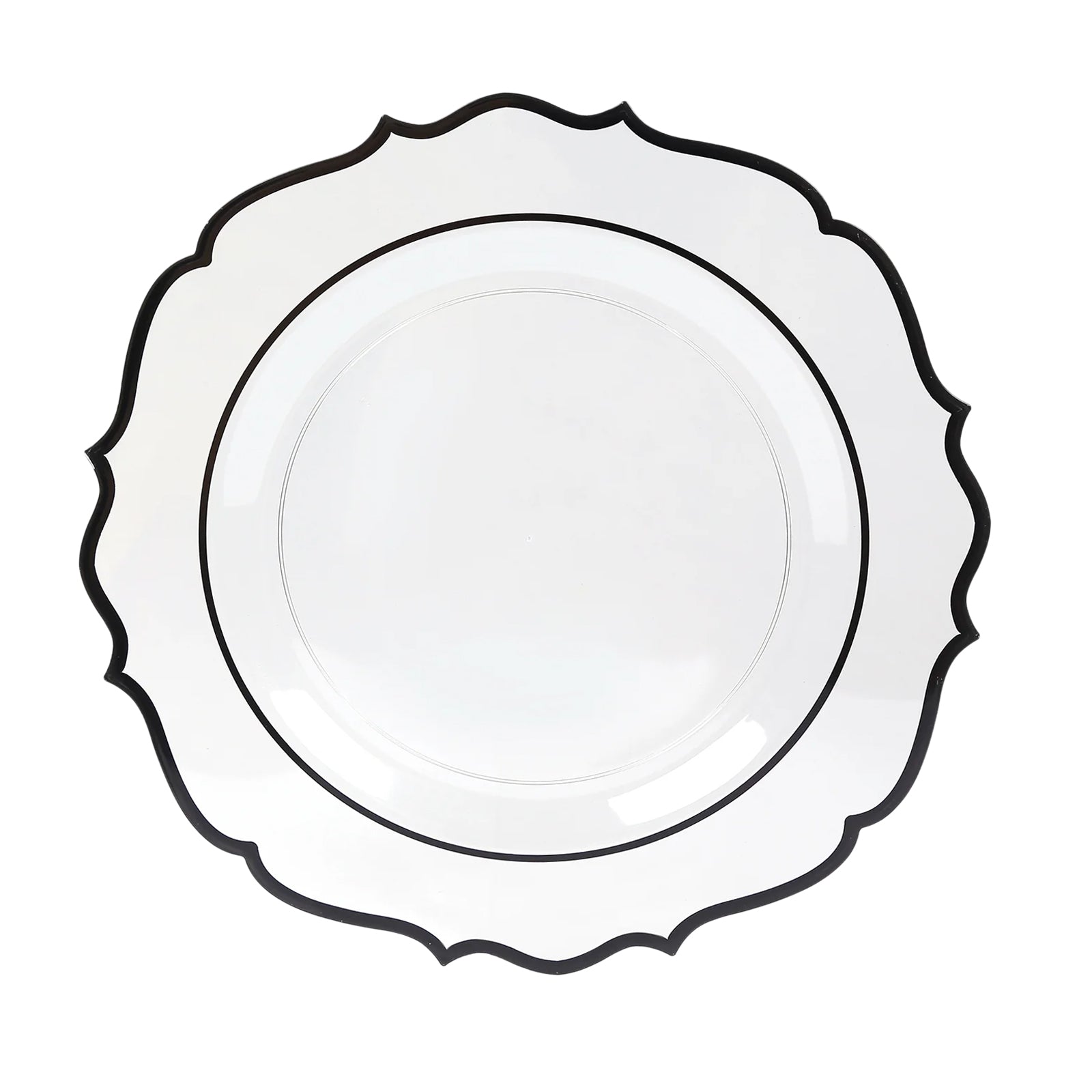 10-Pack Plastic 10" Round Dinner Plates in Clear with Black Scalloped Rim - Disposable Party Plates