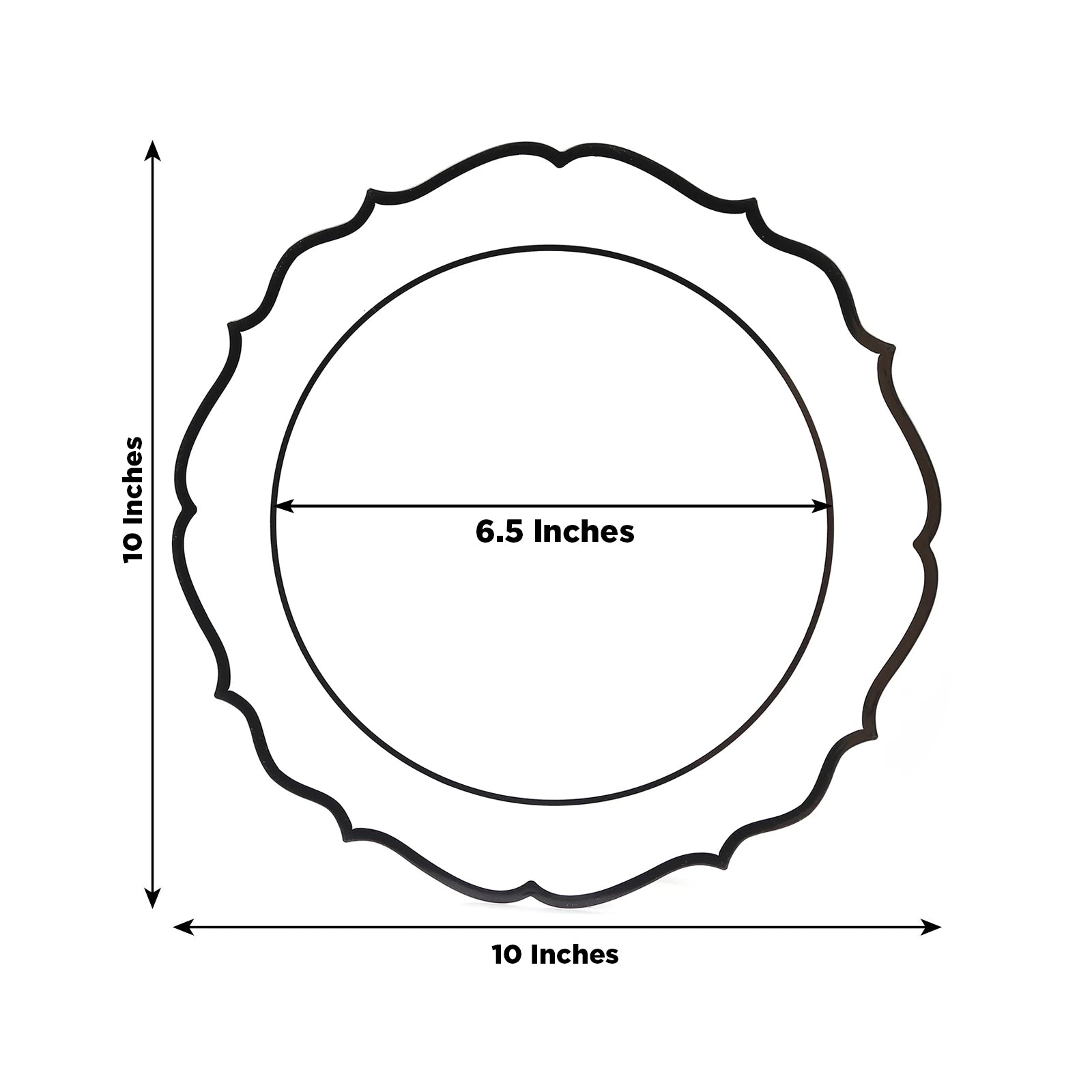 10-Pack Plastic 10" Round Dinner Plates in White with Black Scalloped Rim - Disposable Party Plates