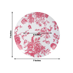 10-Pack French Toile Plastic Salad Plates – Pink & White Floral, 7" Round Disposable Dessert Plates