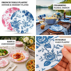 10-Pack French Toile Plastic Salad Plates – Pink & White Floral, 7" Round Disposable Dessert Plates