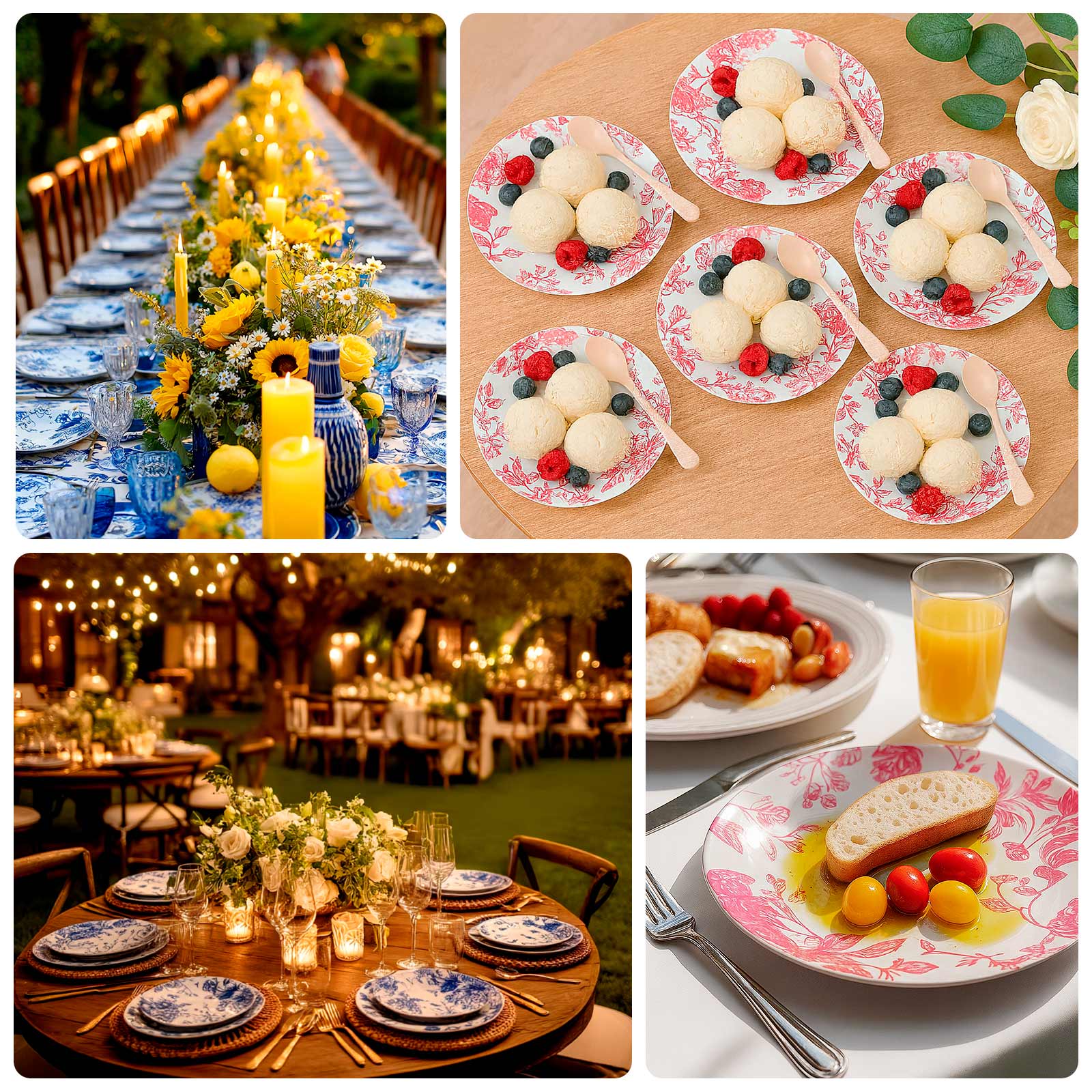 10-Pack French Toile Plastic Salad Plates – Pink & White Floral, 7" Round Disposable Dessert Plates