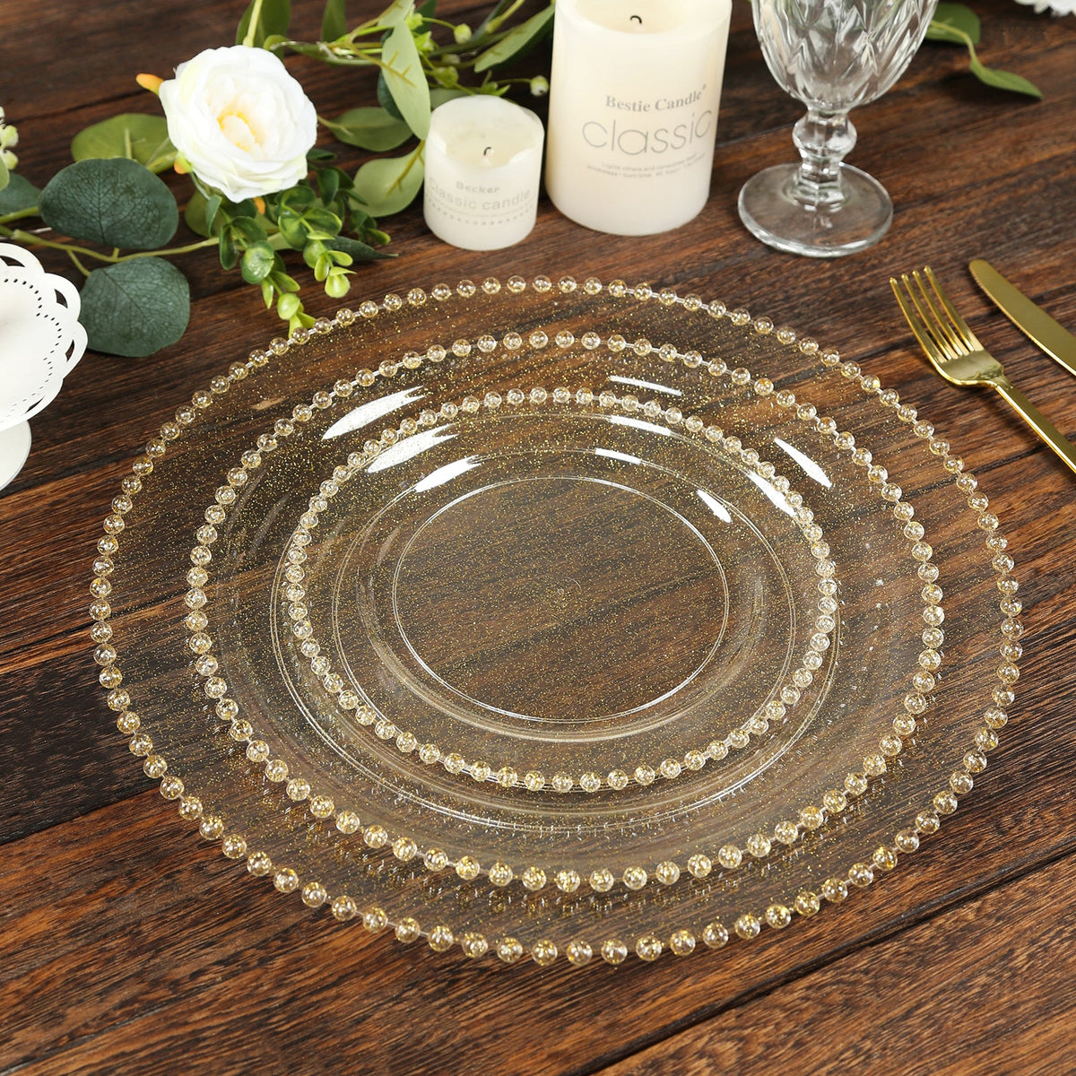 10-Pack Clear Gold Glittered Plastic Dessert Plates – 8" Round with Beaded Rim, Disposable for Parties & Events