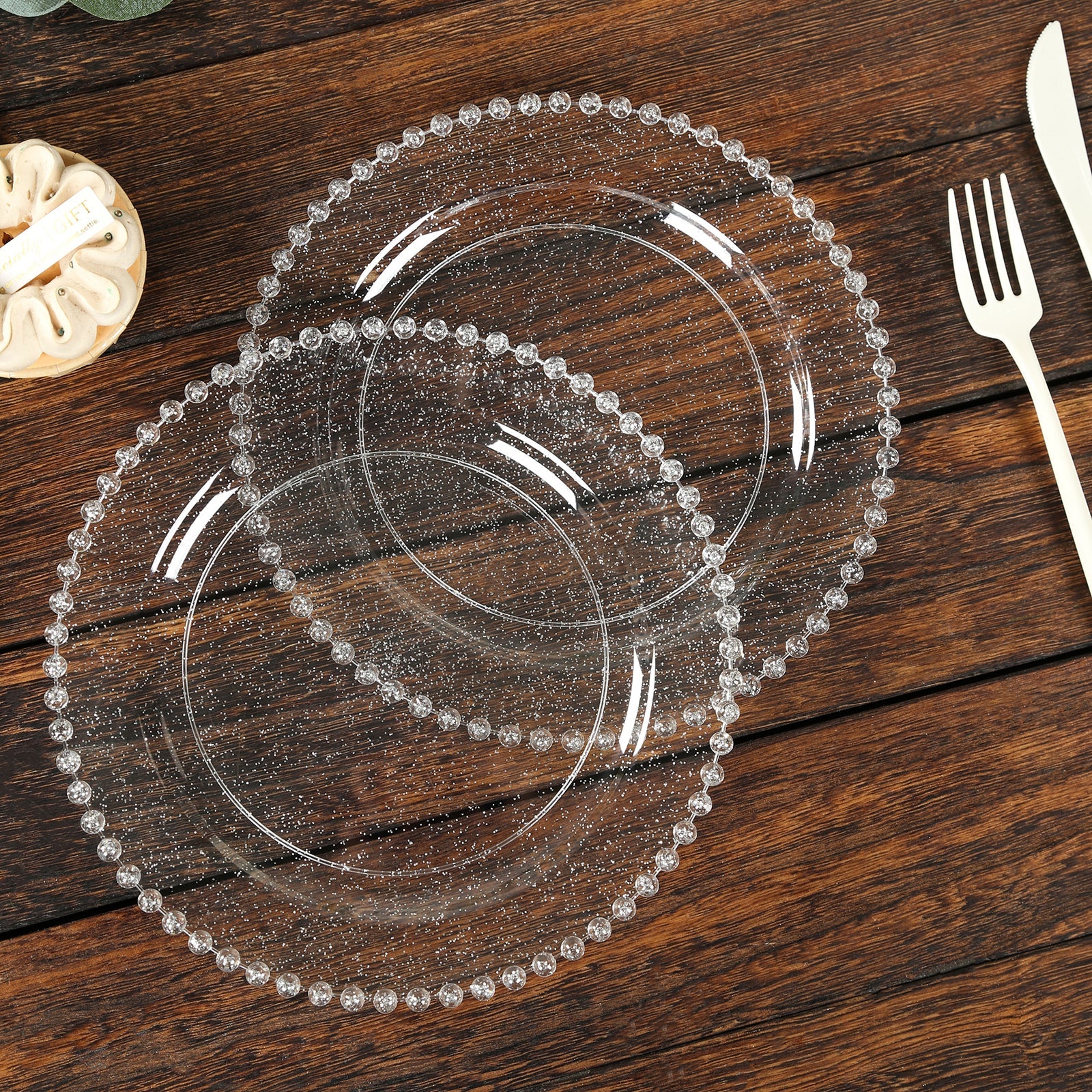 10-Pack Clear Silver Glittered Plastic Dessert Plates – 8" Round with Beaded Rim, Disposable for Parties & Events