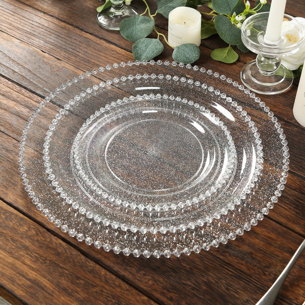 10-Pack Clear Silver Glittered Plastic Dessert Plates – 8" Round with Beaded Rim, Disposable for Parties & Events