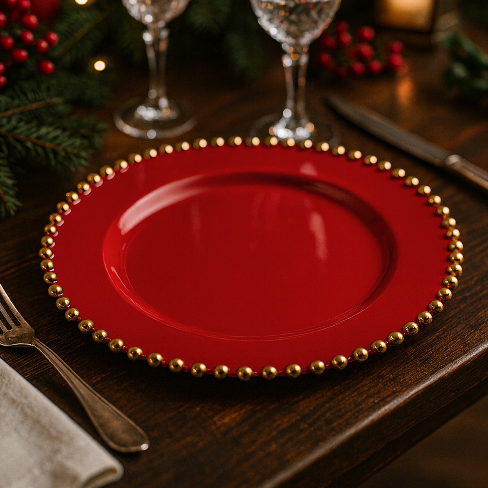 10-Pack Red Plastic Dessert Plates – 8" Round with Gold Beaded Rim, Disposable for Parties & Events