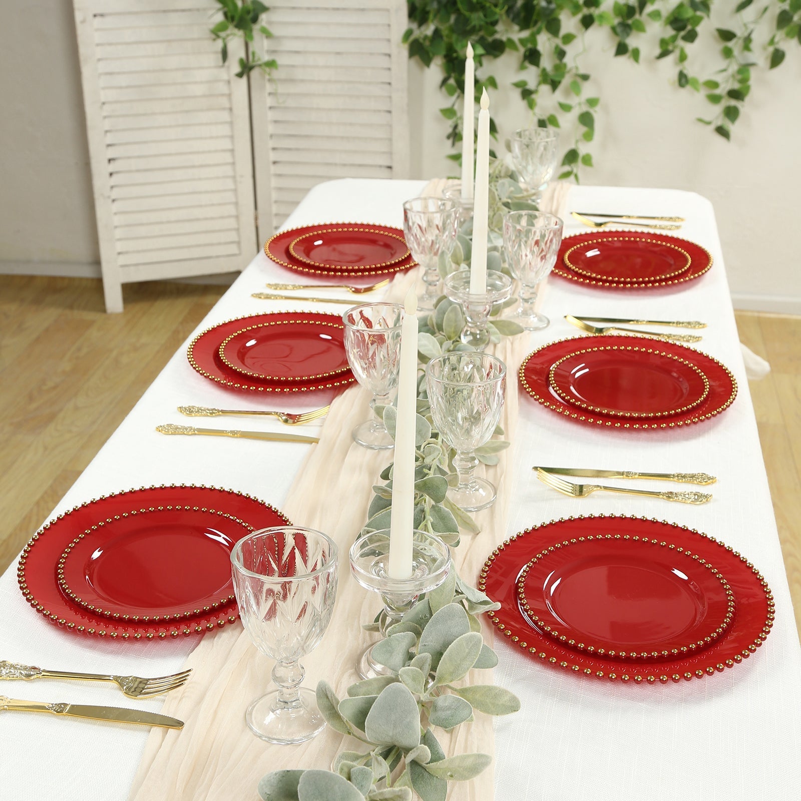 10-Pack Red Plastic Dessert Plates – 8" Round with Gold Beaded Rim, Disposable for Parties & Events