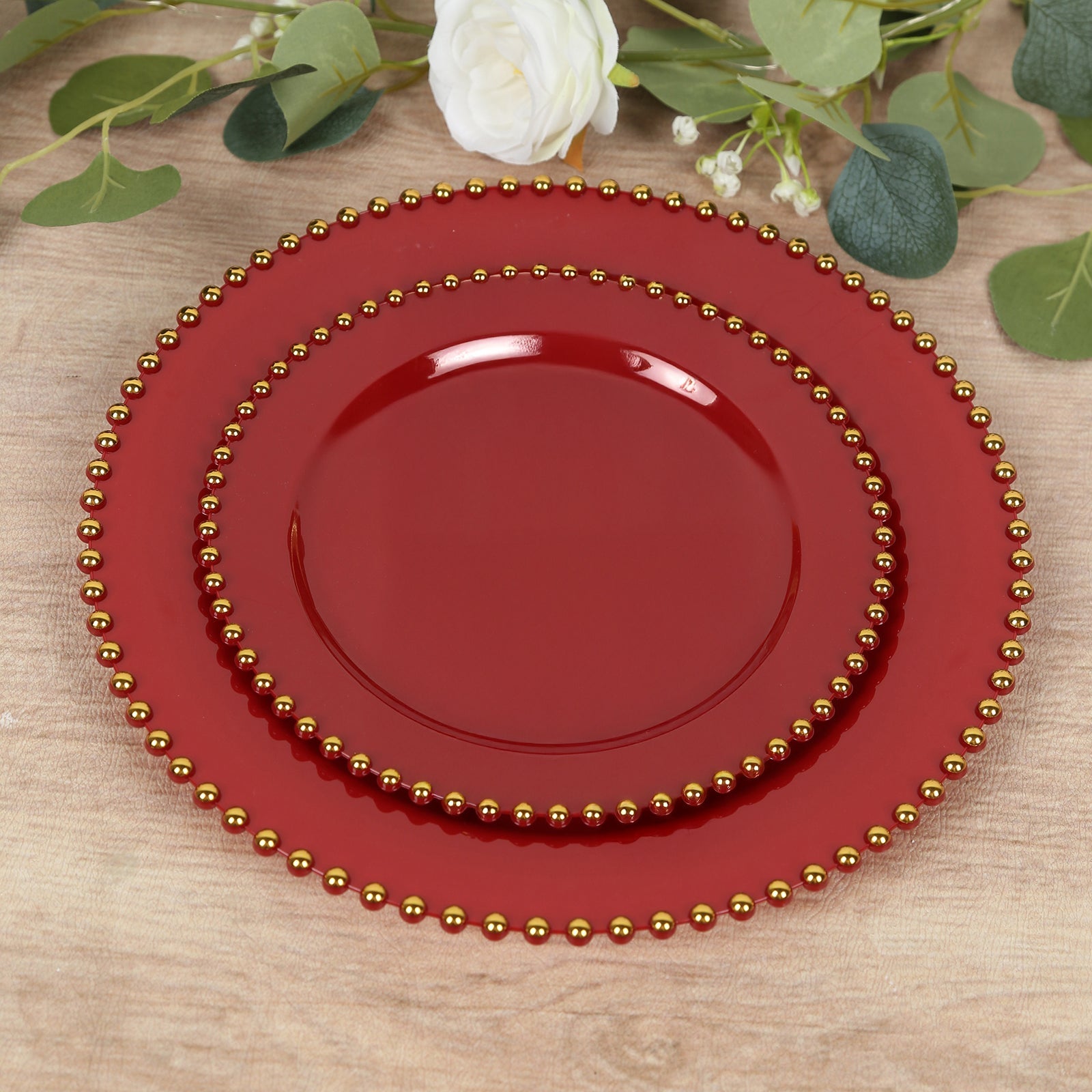 10-Pack Red Plastic Dessert Plates – 8" Round with Gold Beaded Rim, Disposable for Parties & Events