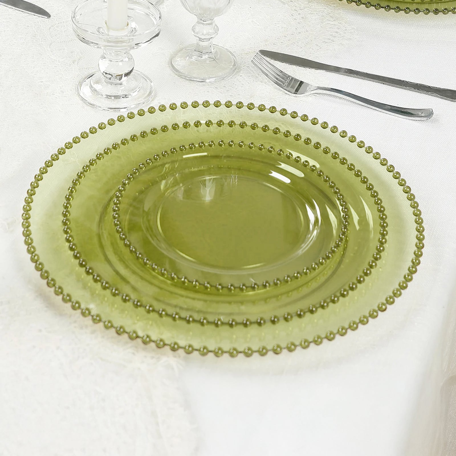 10-Pack Transparent Dusty Sage Green Plastic Dessert Plates – 8" Round with Beaded Rim, Disposable for Parties & Events