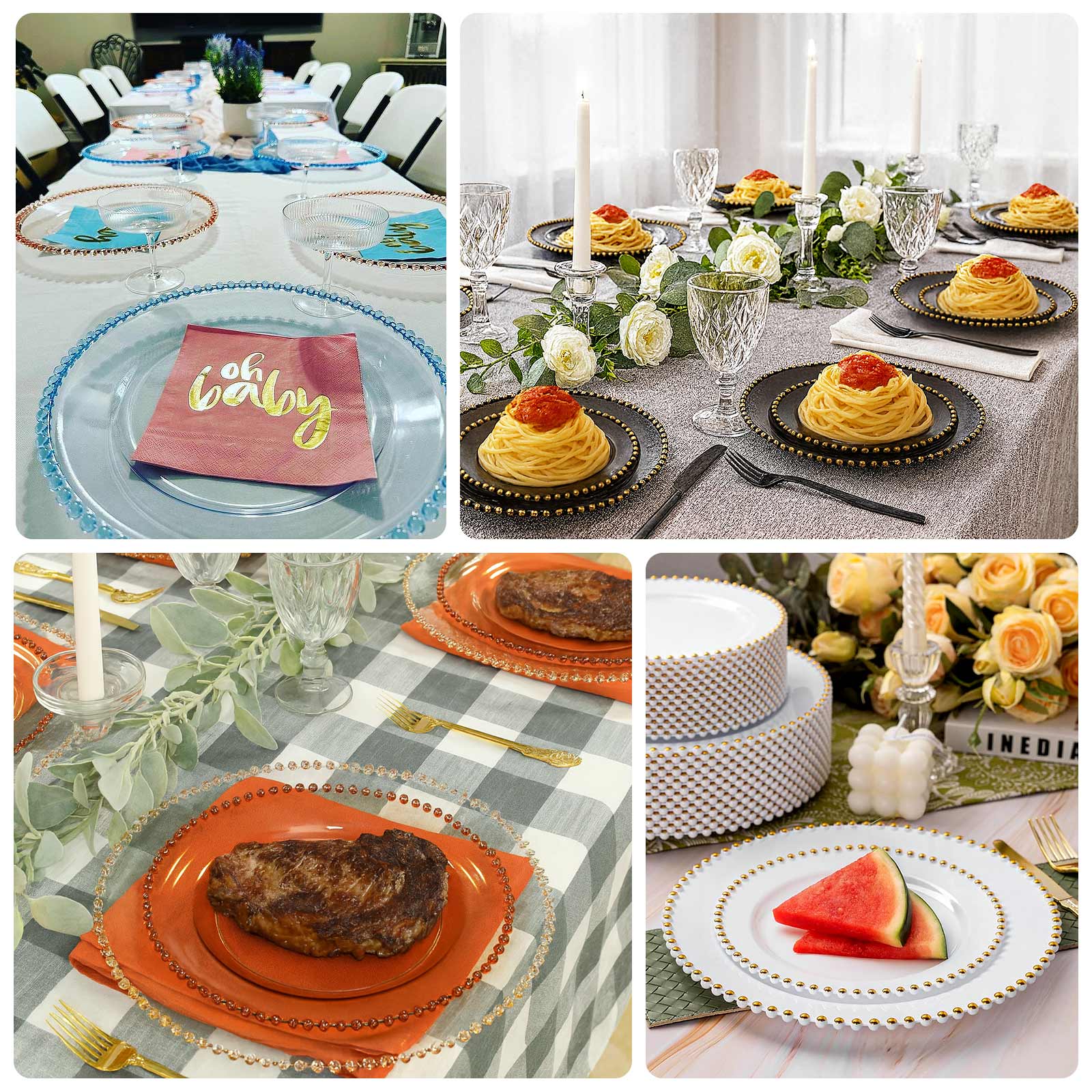 10-Pack Plastic 10" Round Dinner Plates in Black with Silver Beaded Rim - Disposable Party Plates for Banquets & Festive Occasions