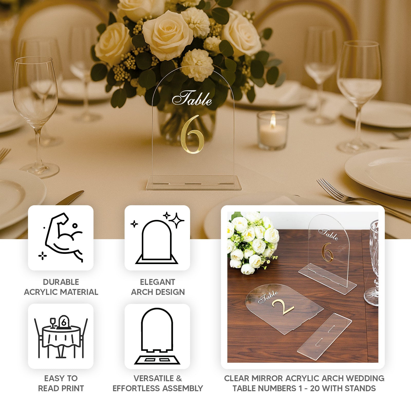 Clear Arch Acrylic Table Numbers (1-10) - 6"x7" Wedding Reception Signs with Gold Print & Stands
