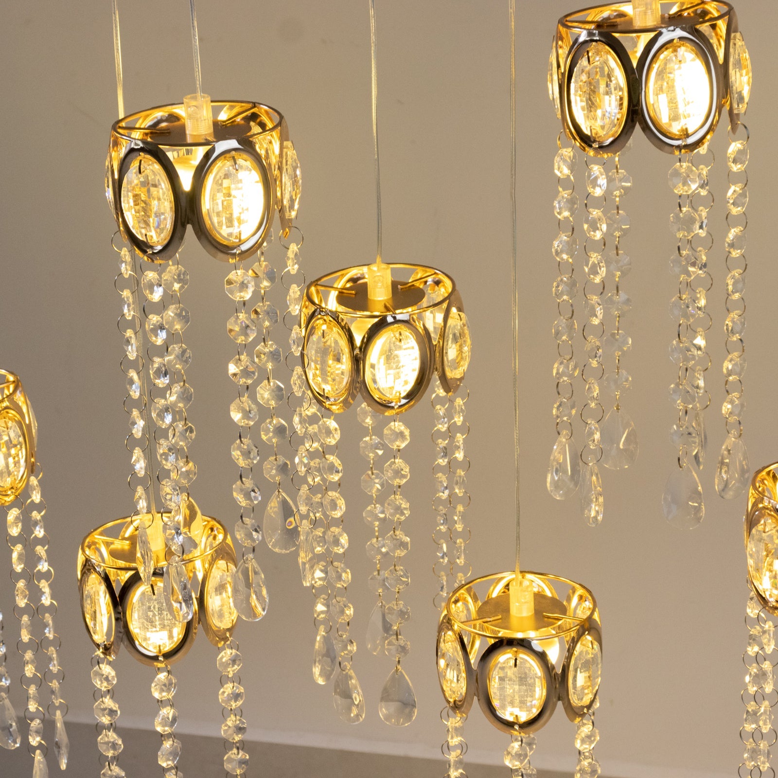 LED Hanging Crystal String Lights – Gold Oval Frame with Teardrop Pendants, Warm White Plug-in Chandelier Décor