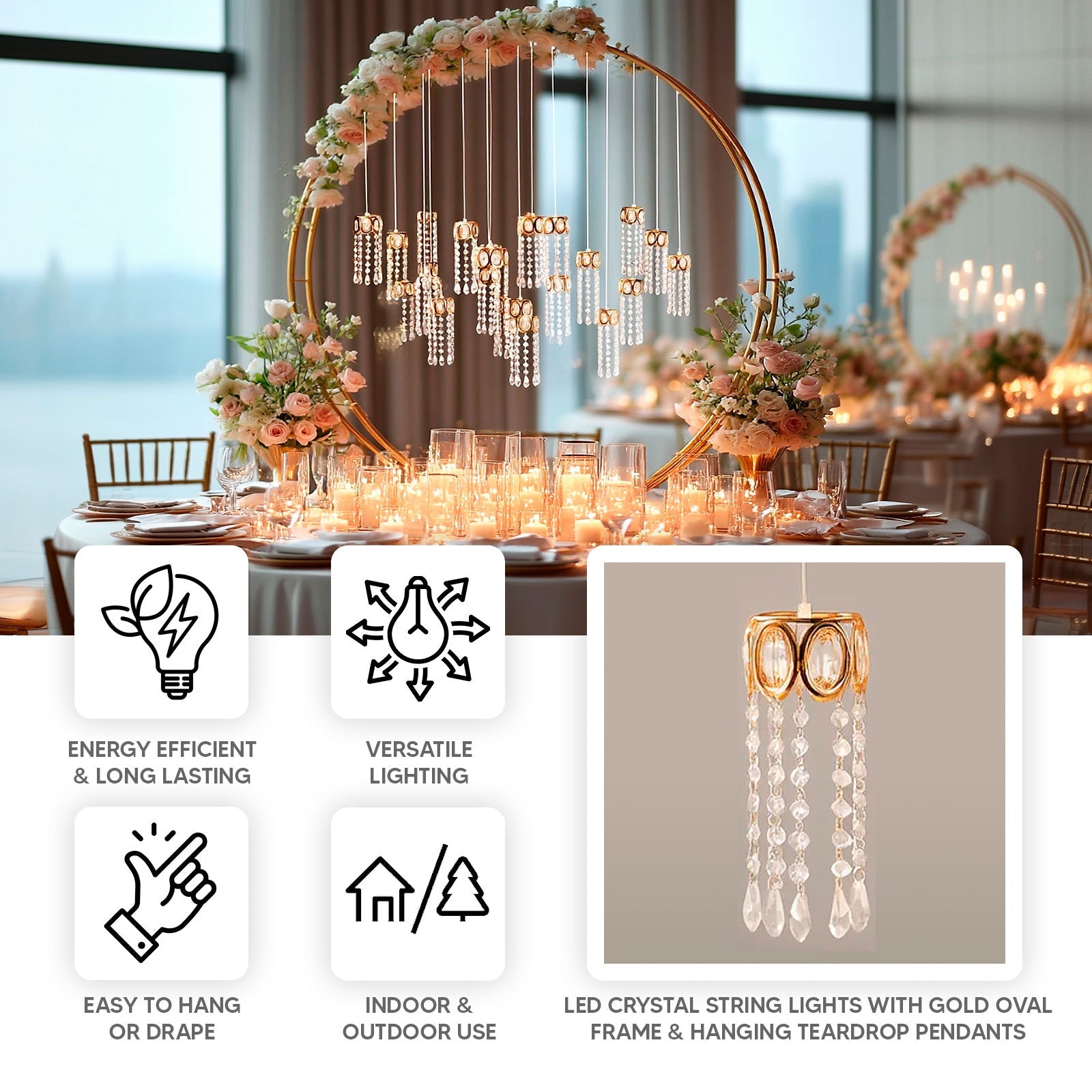 LED Hanging Crystal String Lights – Gold Oval Frame with Teardrop Pendants, Warm White Plug-in Chandelier Décor