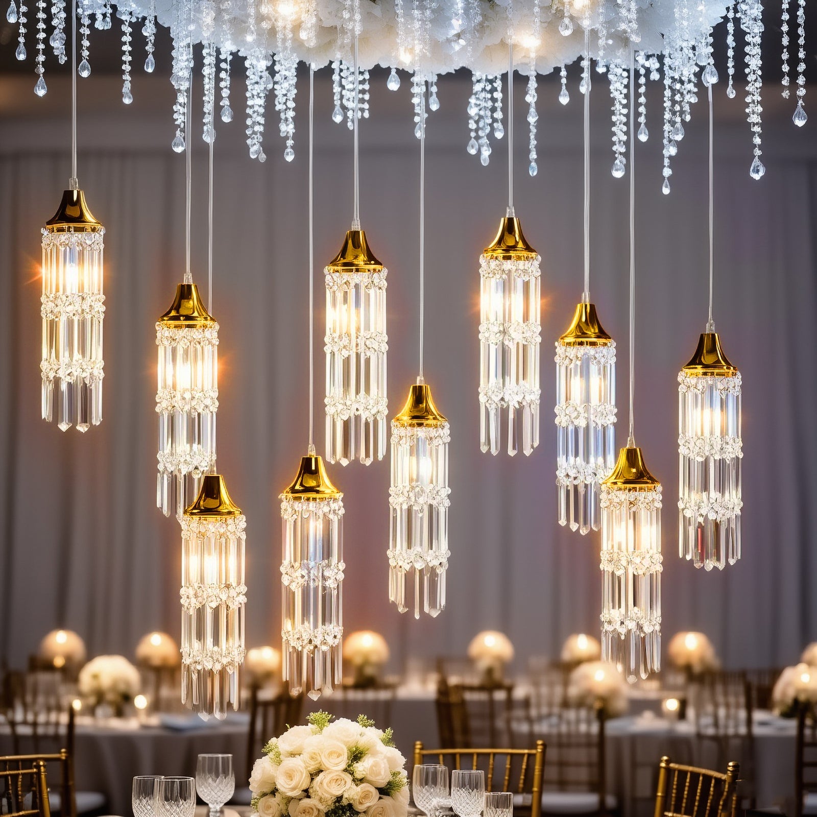 LED Hanging Crystal String Lights – Gold Bell Frame with Prism Pendants, Warm White Plug-in Chandelier Décor