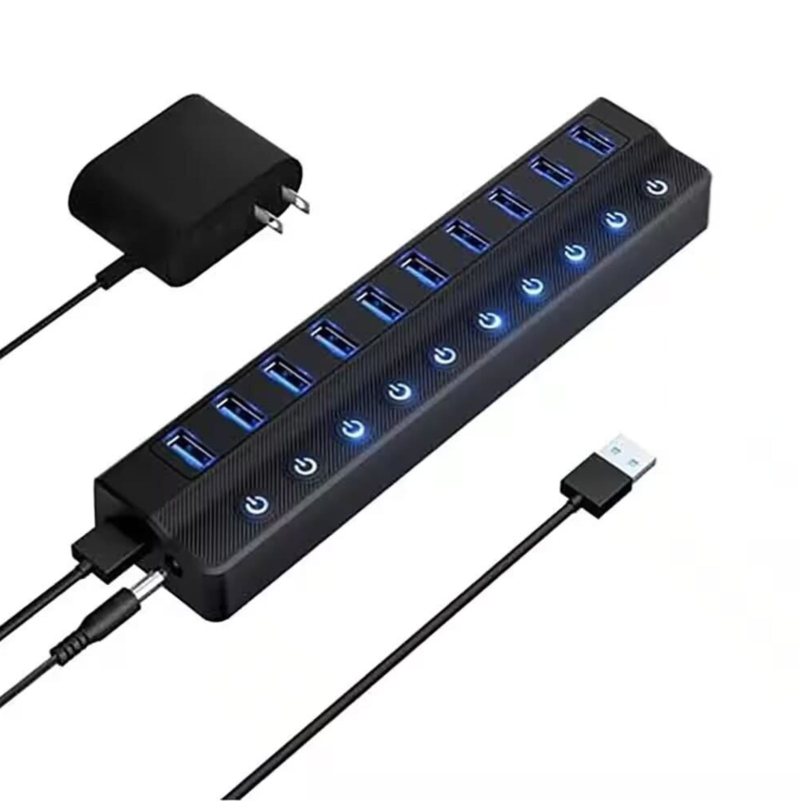 10-Port USB 3.0 Powered Charging Hub – 12V/2A with Independent Switches for LED Lamps, Event Lights & Wedding Installations