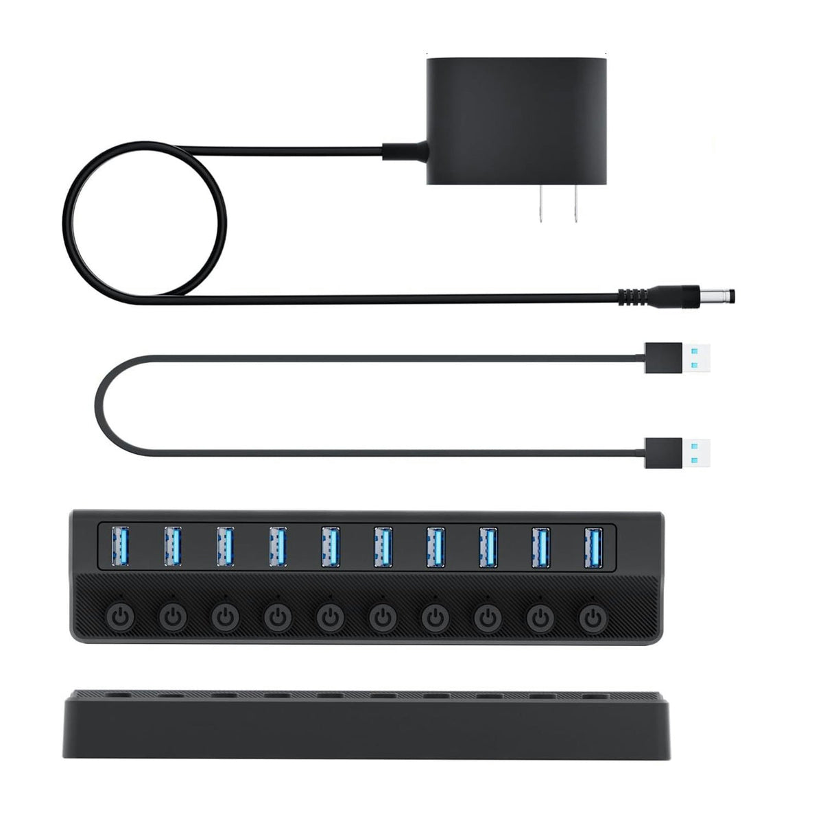 10-Port USB 3.0 Powered Charging Hub – 12V/2A with Independent Switches for LED Lamps, Event Lights & Wedding Installations
